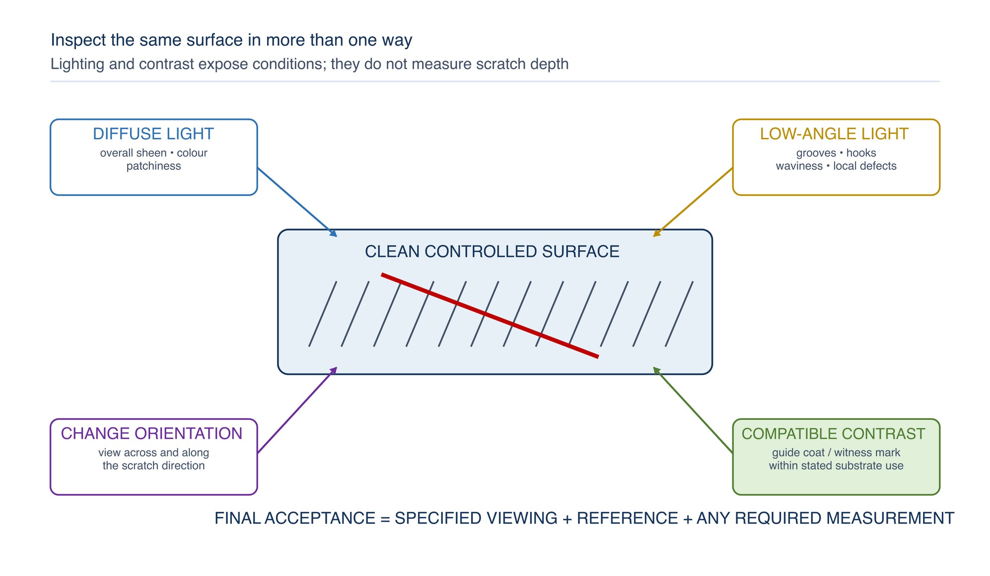 Lighting and contrast inspection map. Diffuse light, low-angle light, changed orientation and a compatible contrast aid reveal different aspects of the surface.